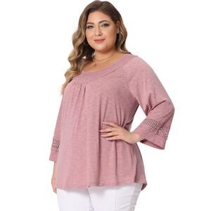 Plus Size Crochet Panel Kimono Raglan Sleeves Tops Dark Pink